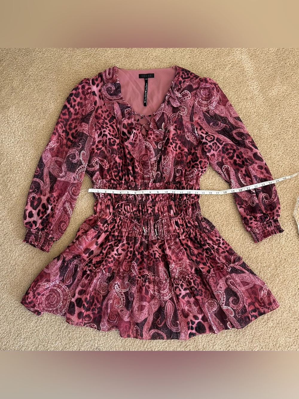 GUESS Pink Paisley & Leopard Print Lace-Up V-neck Mini Dress Large Long-sleeved